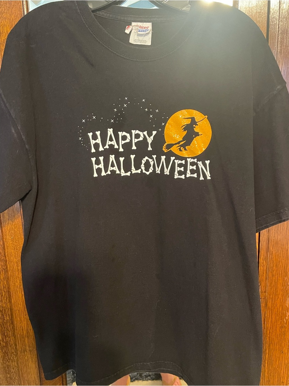 Hanes Black Tee with White "Happy Halloween" and Orange Moon Witch
